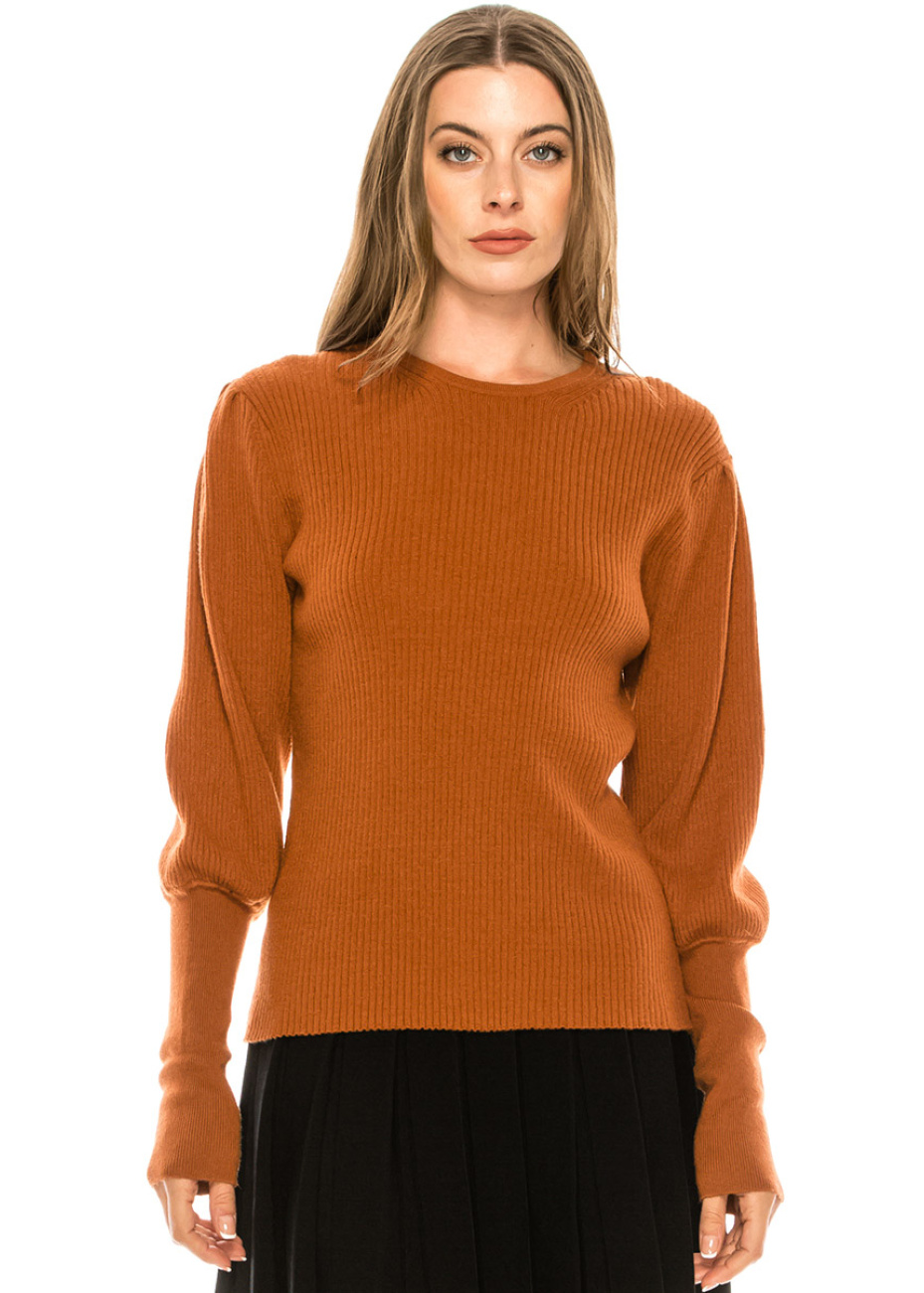 Crew neck leg-of-mutton sleeve sweater in rust | Modest Women